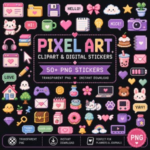 Puede incluir: Una colección de pegatinas digitales de pixel art con varios iconos como un gato, cámara, donut, portátil y burbujas de texto con frases como PIXEL ART, HELLO, NICE, LOVE, YAY, THANK YOU y GOOD JOB sobre un fondo negro.