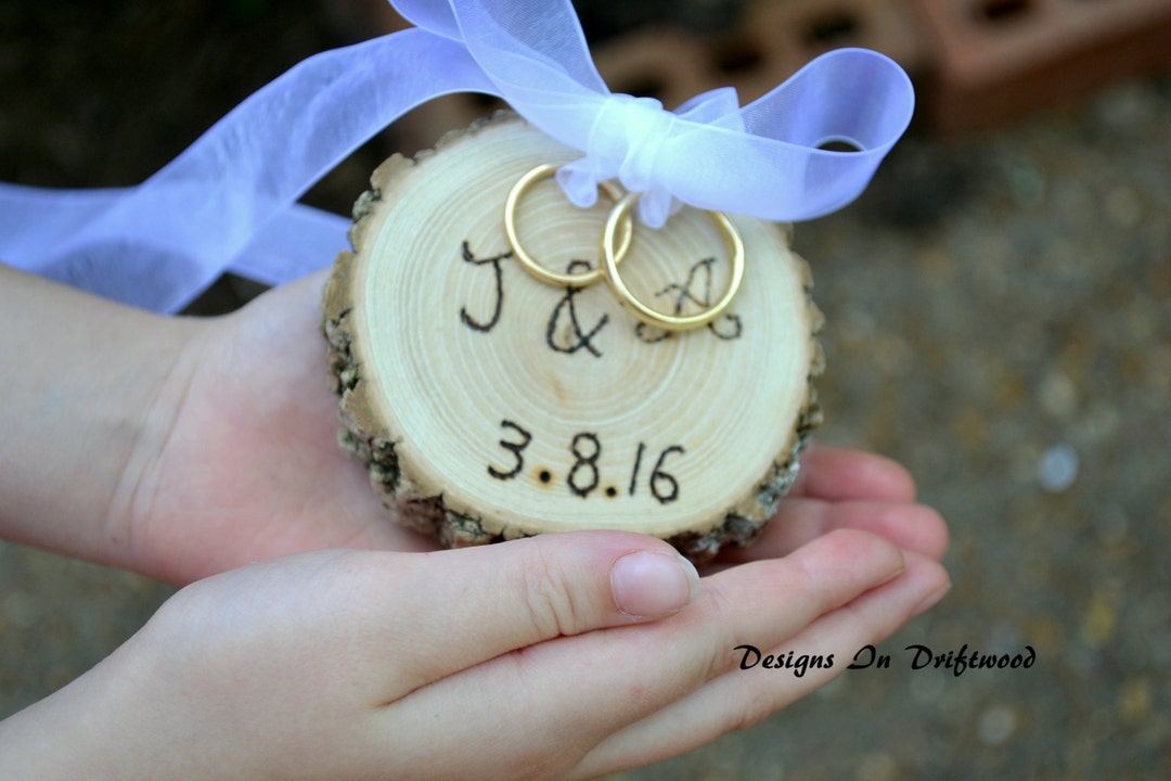 Small Personalized Rustic Ring Bearer Pillow Wood Slice Natural Log