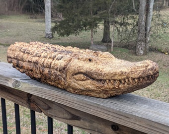 Custom Hand Carved Alligator Sculpture by Wildlife Artist Lowell Mosley - Great for Florida Gator Fan - Wood Carving - Bodock Wood