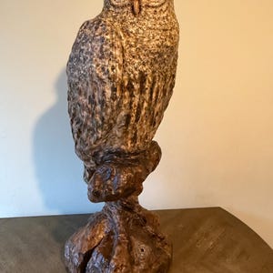 May include: A detailed, handcrafted owl sculpture. The owl is perched on a textured, wooden base. The sculpture features a natural color palette of browns and tans, with intricate detailing on the feathers and face. The owl's eyes are dark and expressive.
