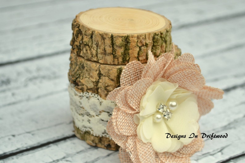 Personalized Rustic Wood Ring Bearer Pillow Box Country Wedding Natural Log Ring Holder With Burlap Flowers Custom Engraved Keepsake image 3