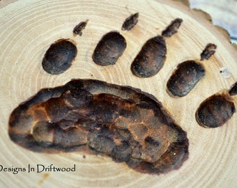 Set of 6 Rustic Hand Carved Bear Print Coasters - Approx. 4 Inches - Round Coaster - Great for Gift Housewarming - Cabin Decor - Wedding