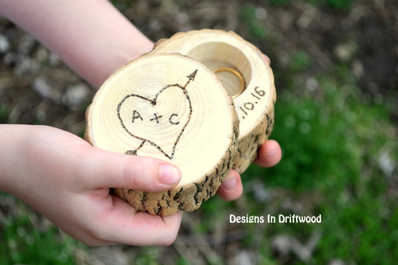 Personalized Rustic Wood Ring Bearer Pillow Box Country Wedding Natural Log Ring Holder With Burlap Flowers Custom Engraved Keepsake image 4