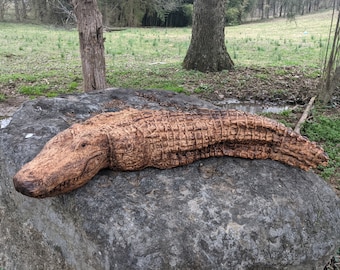 Hand Carved Alligator Sculpture by Wildlife Artist Lowell Mosley - Approx. 28 Inches with Head and Tail Turning - Florida Gator Fan