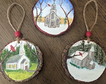Set of 3 Hand Painted Church Christmas Ornaments by Wildlife Arist Lowell Mosley