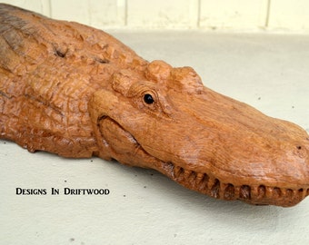 Custom Hand Carved Alligator Sculpture by Wildlife Artist Lowell Mosley - Great for Florida Gator Fan - Wood Carving - Bodock Wood