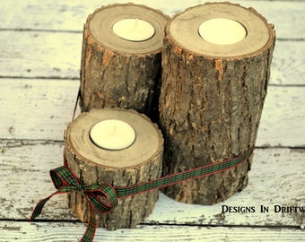 Set of 3 Rustic Wood Candle Holders - Christmas Gift - Country Candle Holder - Rustic Wedding Centerpiece - Wooden Tea Light Centerpieces