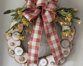 Rustic Summer Wood Slice Wreath - 18 Inch -  Farmhouse Wreath - White Ash Wreath