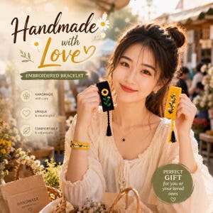 Könnte beinhalten: Zwei rechteckige bestickte Armbänder mit Blumenmotiven, eines schwarz mit einer Sonnenblume und eines gelb mit weißen Blumen, beide mit schwarzen Quasten versehen. Der Text lautet Handmade with Love, Embroidered Bracelet und Perfect Gift.