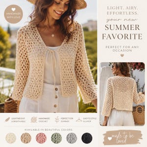 May include: A beige crochet cardigan featuring an open-knit pattern, three-quarter length sleeves, and a front tie closure. The garment is shown in a front view and a back view, displaying the textured, airy construction of the handmade fabric.