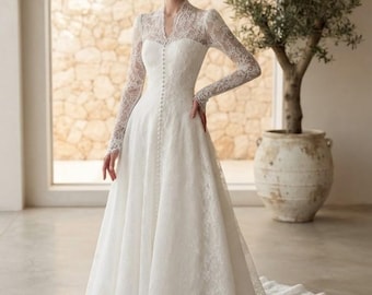 High Collar Lace Wedding Dress, Long Sleeve A-Line Bridal Gown, Vintage Church Style