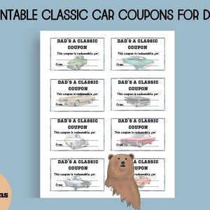 Oldtimer Gutscheine für Papa zum Vatertag oder Geburtstag.  Diese druckbaren Muscle Car Gutscheine können von Tochter oder Sohn stammen.  PDF