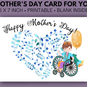 Tarjeta del Día de la Madre para Necesidades Especiales para mamá de un hijo en silla de ruedas.  Un niño y su silla de ruedas en la parte delantera de esta tarjeta imprimible