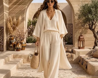 Completo boho in cotone e lino / Kimono, top e pantaloni a gamba larga