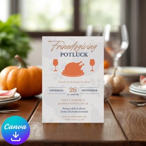 Friendsgiving Potluck Invitation, Boho Turkey Wine Illustration, Editable Canva Template