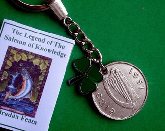 1951 Irish coin gift, 74th coin, Irish Salmon coin, Flóirín, 2s Coin Keyring, Harp and Shamrock, Legend Card, More Years