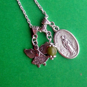 St Bridget and St Patrick on one Medal, Religious Medal, Irish jewelry, Connemara Marble Bead, Guardian Angle Charm, Sterling chain.