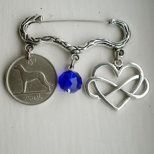 Ireland Wedding Brooch, Irish wedding gift, Sixpence, Eternity Heart Charm, and Something Blue Swarosvki Crystal, Bridal Gift, Bouquet Pin