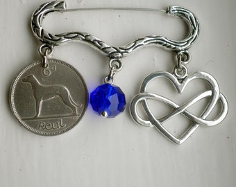 Ireland Wedding Brooch, Irish wedding gift, Sixpence, Eternity Heart Charm, and Something Blue Swarosvki Crystal, Bridal Gift, Bouquet Pin