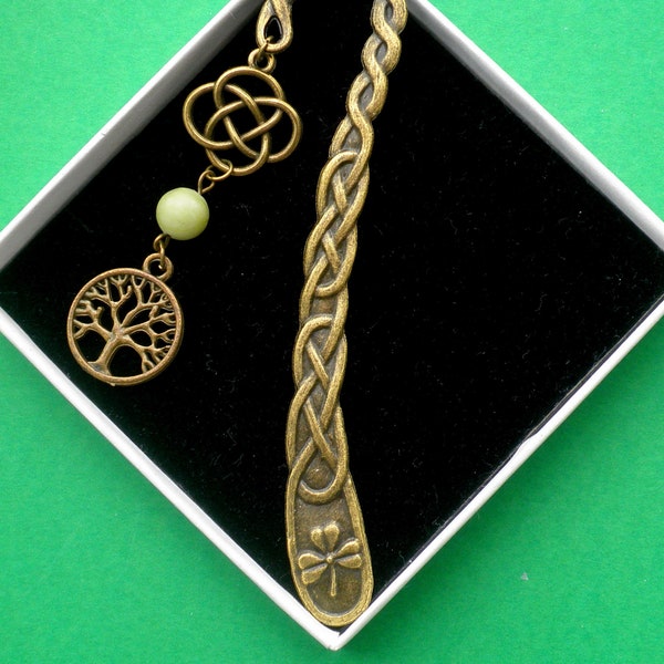 Connemara Story Celtic scroll Bookmark, with forest green Connemara Marble Bead and matching Antique bronze charms.