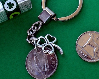 1967 (+25 more years)  Irish Sixpence Coin Keychain, The Harp & Shamrock,  6d Bit, Wolfhound coin keyring, See options