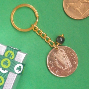 28th Birthday gift, 28th Anniversary, 1996 Keyring with Irish Hunter coin and Connemara Marble Bead, Housewarming