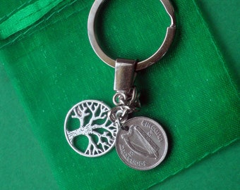 1934 Coin Keyfob, 90th Birthday Gift, featuring the Threepence Irish Hare/Rabbit 3d. Leat Reul  with Tree of Life charm