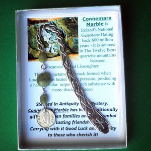 Gift a Celtic Design Bookmark from Ireland featuring 3 Connemara Marble Beads and an Irish Harp coin with year choice