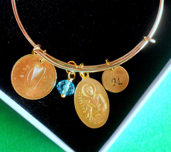 Irish Harp coin Catholic BiTone Irish themed Bracelet Irish Charm Bracelet Silvertone Shamrock and Knock Medal with Holy Water capsule.