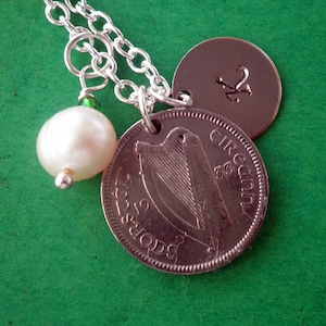 1934 Irish coin, 1965, Birthday, Irish Coin, Freshwater Pearl, Customize Initial, Necklace, Irish Rabbit/Hare 3d.Pendant, Choose year
