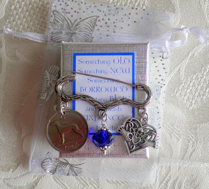 Wedding Bouquet Pin, Lucky Irish Sixpence, Ireland gift, Claddagh Heart Charm with Something Blue Crystal Bead, Bridal Brooch image 3