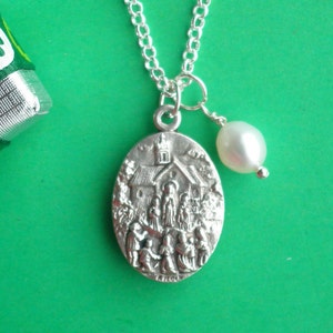 Our Lady of Knock Medal with Holy Water capsule, Irish Catholic Medal, Hypoallergenic Silver Pendant, Freshwater Pearl