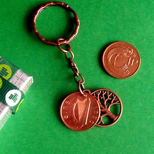 1990 35. Geburtstag, irischer Schlüsselbund Dezimalmünze mit Baum des Lebens-Charme, 1p-Münze auf Kupfer-Schlüsselbund, Geschenkbox aus dem Jahr 1971 - 2000