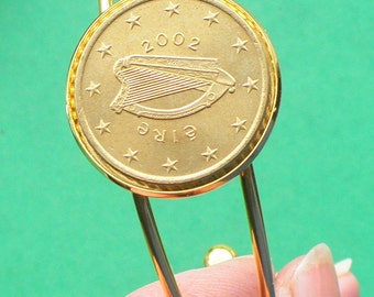 Irish Coin Cuff Bracelet for 24th gift Ireland 2002 50c Euro coin Nordic Gold on a Goldtone Bangle,