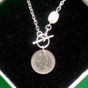 Queen Elizabeth UK 6d coin 1964 1967, UK Necklace with a Freshwater Pearl and Lariat clasp