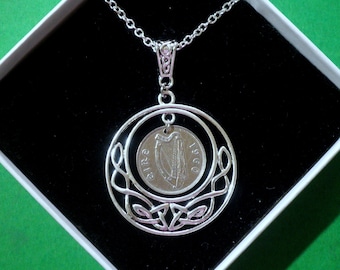 Collar con moneda irlandesa de seis peniques, perro lobo y arpa, nudo celta, regalo de cumpleaños