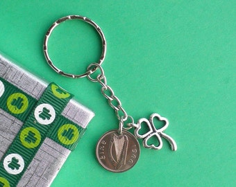 58th Birthday Gift, 1966 Irish Keyring or Purse Charm 'The Harp and Shamrock' Irish Rabbit 3d Coins 1928 - 1968