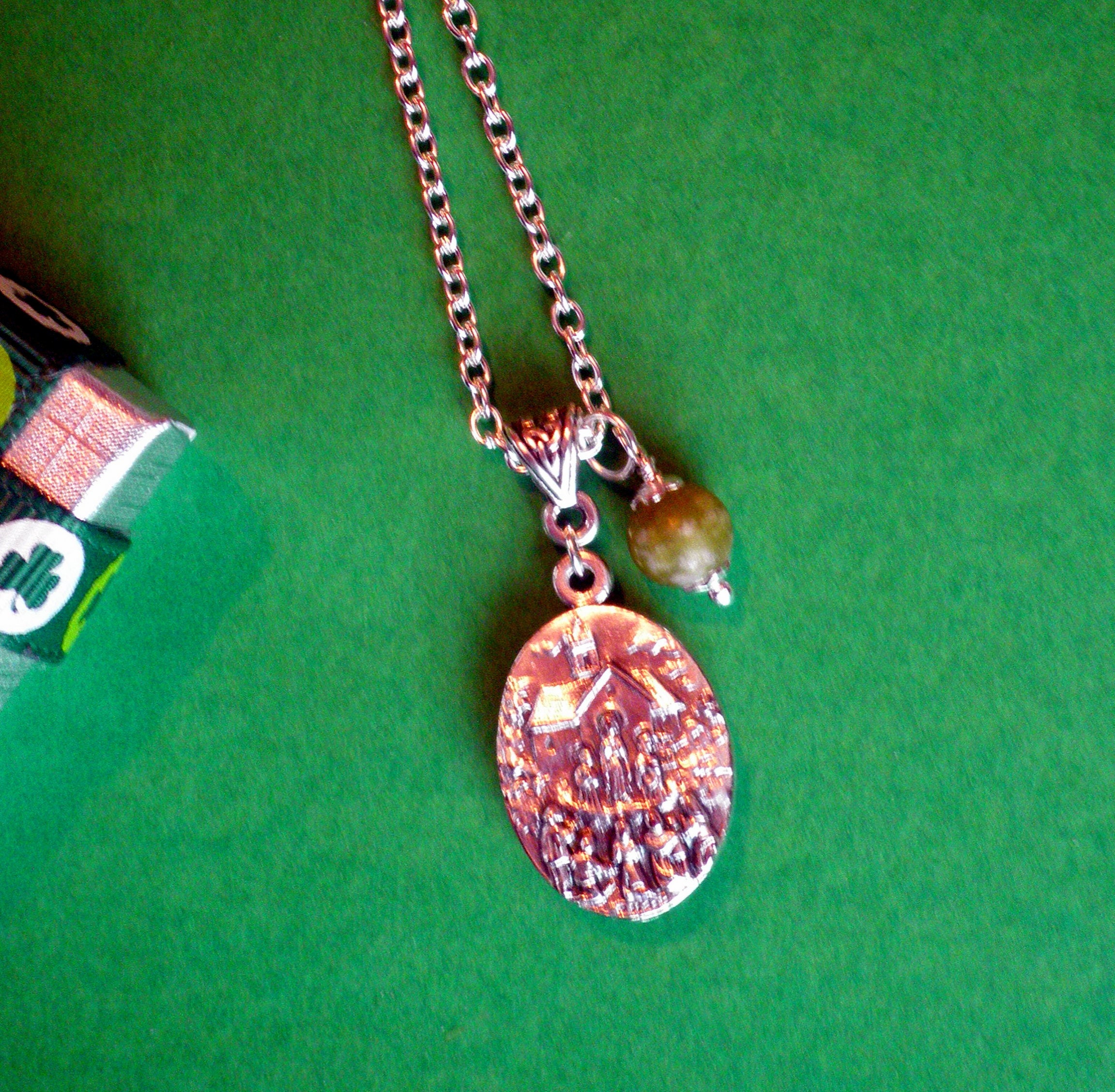 Knock Shrine Medal Necklace, Holy Water, Connemara Marble, Silver