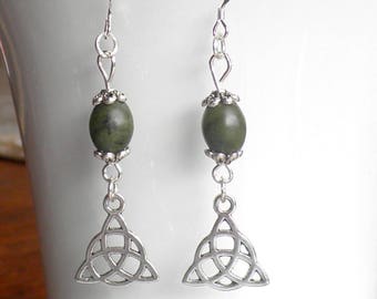 Irish Earrings, Connemara Marble, Drop Earrings, Celtic Knot Charm, Irish Gift of Shades of Green Marble, with Hypoallergenic  Earwires.