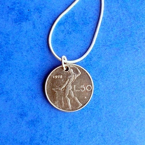47th Birthday gift, 1978 Italian 50 Lire coin Pendant, Stainless Steel coin on a link chain Necklace, 1963 coin also.
