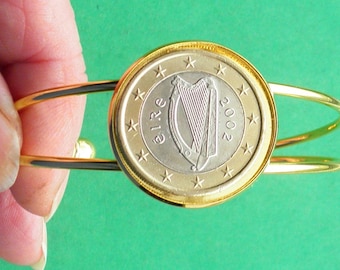 Cuff Bracelet, UNC Ireland 2002 1 Euro Bi-Metallic coin on Goldtone Bangle,