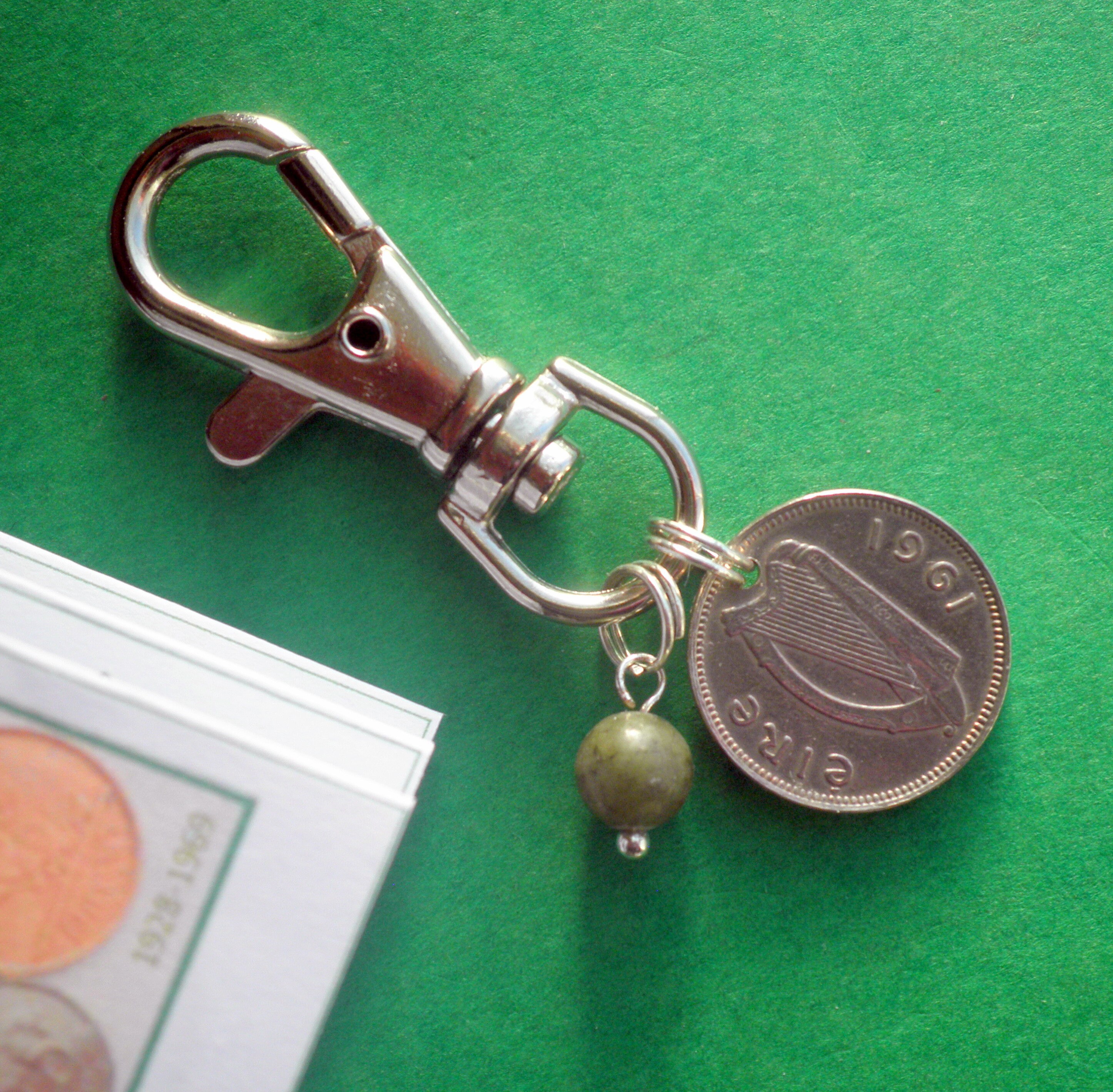 1961 Irish Coin gift, 64th Birthday gift, Connemara Marble, Lobster Clasp, Irish Threepence, More Years
