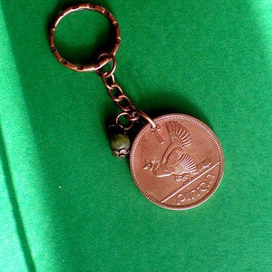 57h Birthday gift, 1968 Penny Keyfob, Anniversary or Birthday Gift Keychain Connemara Marble Bead, coins direct from Ireland