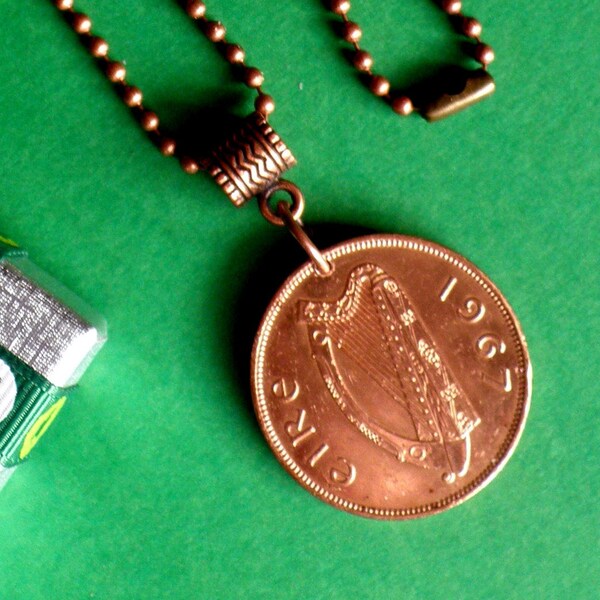 1967 57th Birthday Irish Penny Necklace with matching copper bail and ball chain, coins circulated direct from Ireland