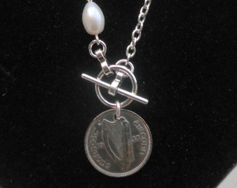 91st Birthday, 1933 Irish coin Pendant with Rabbit see years 1928 to 1968 Threepennies enhanced with a Freshwater Pearl Lariat Clasp