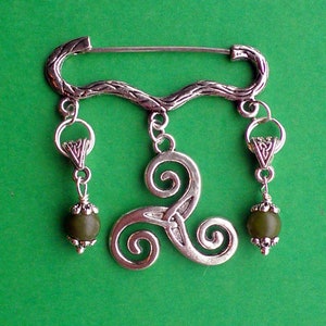 Celtic Pin Brooch, Triquetra Charm and Forest Green Connemara Marble Beads, Cloak Pin