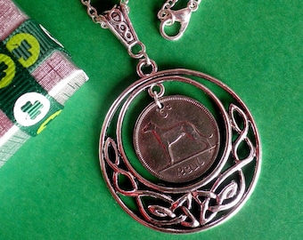 Irish Wolfhound Coin Necklace, 1966 Sixpence, Celtic Knot Pendant