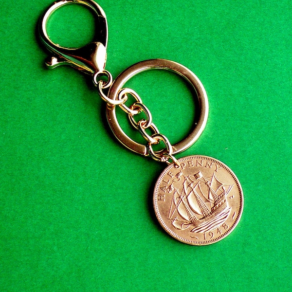 English coin 1941, 82nd Birthday gift, George VI, Copper Halfpenny UK Keyring Keyfob or Bag Charm Coin