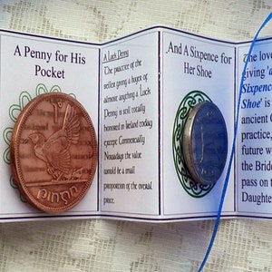 Irish Wedding Memento, Bride and Groom gift, A Penny for His Pocket and a Sixpence for Her Shoe, A good luck charm.