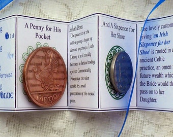 Irish Wedding Memento, Bride and Groom gift, A Penny for His Pocket and a Sixpence for Her Shoe, A good luck charm.